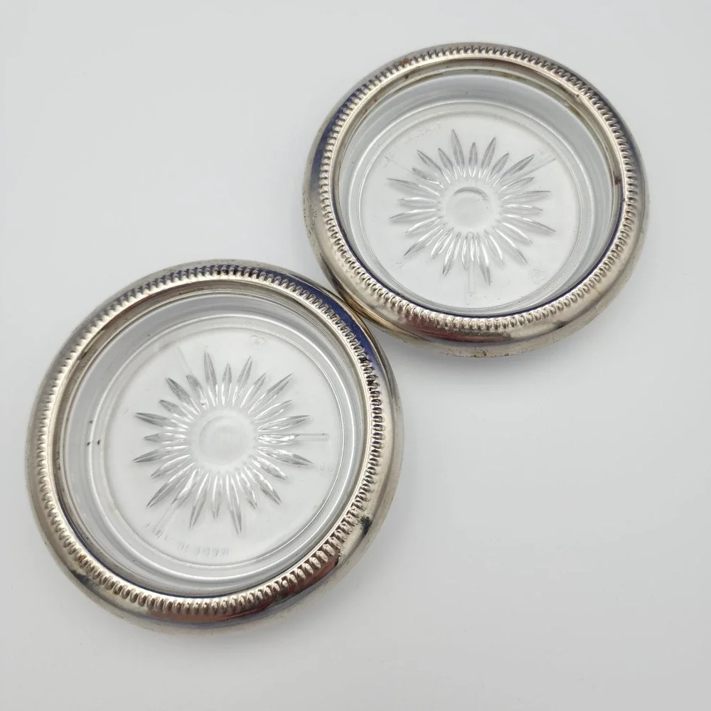 Set of 2 Glass & Brass Plated Sunburst Coasters‎ Made in Italy Leonard